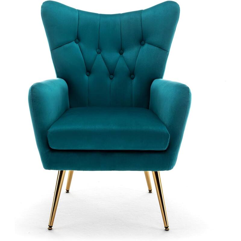Modern Chic Mid-Century Velvet Accent Armchair Button-Tufted Wingback Design with Gold Flared Legs - Dark Teal
