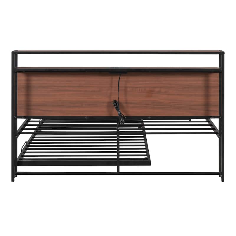 Metal Bed Frame Platform Bed with Storage Headboard, Pull-Out Trundle Bed, USB Ports, Metal Slat Support