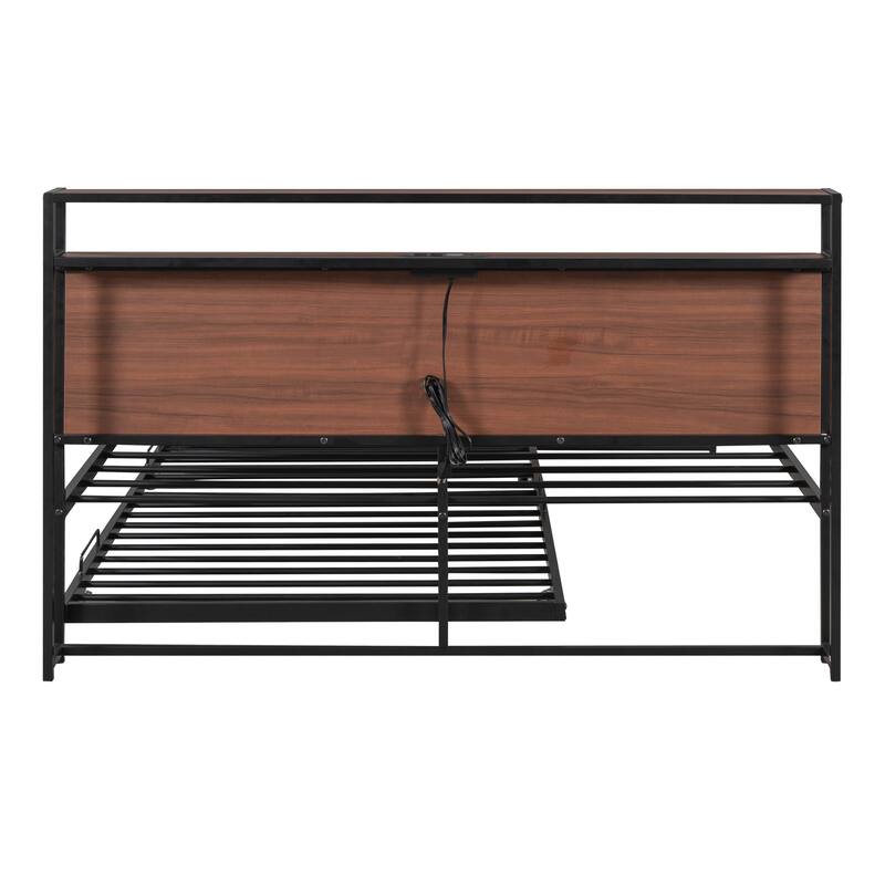Queen Metal Platform Bed with Trundle, USB & Wood Headboard