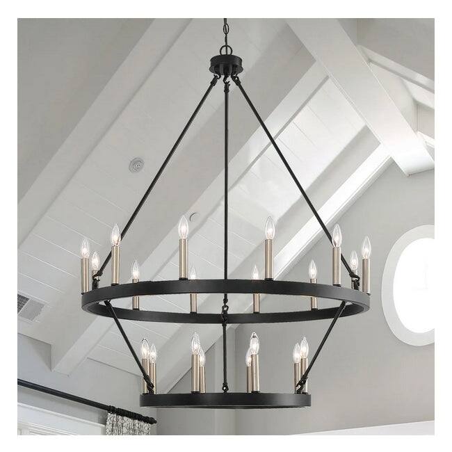 2-Tier Farmhouse 20-light Wagon Wheel Chandelier - Black Finish