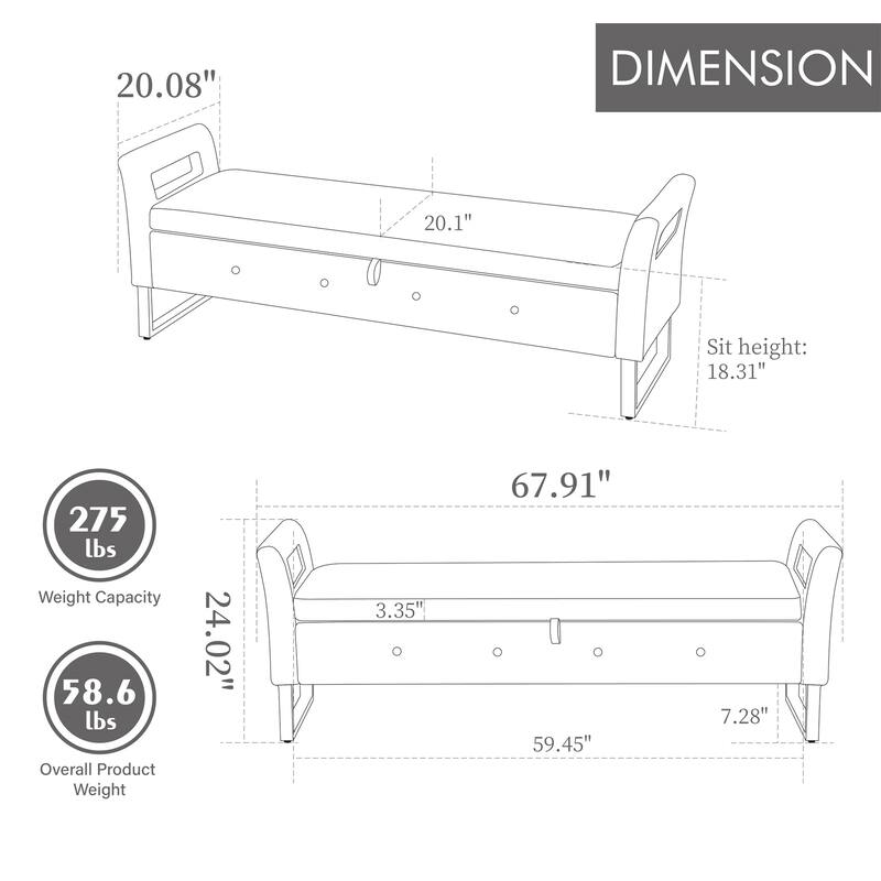 67.91" Velvet Storage Bench with Armrests and Wood Frame for Bedroom