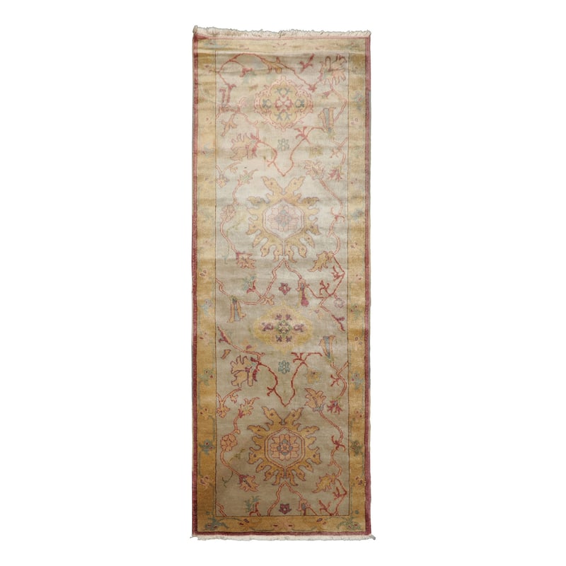 Antique Oushak Traditional Floral 2'10''x7'10'' Hand Knotted Wool Beige Rug - 2' 10'' x 7' 10'' - 2' 10'' x 7' 10''