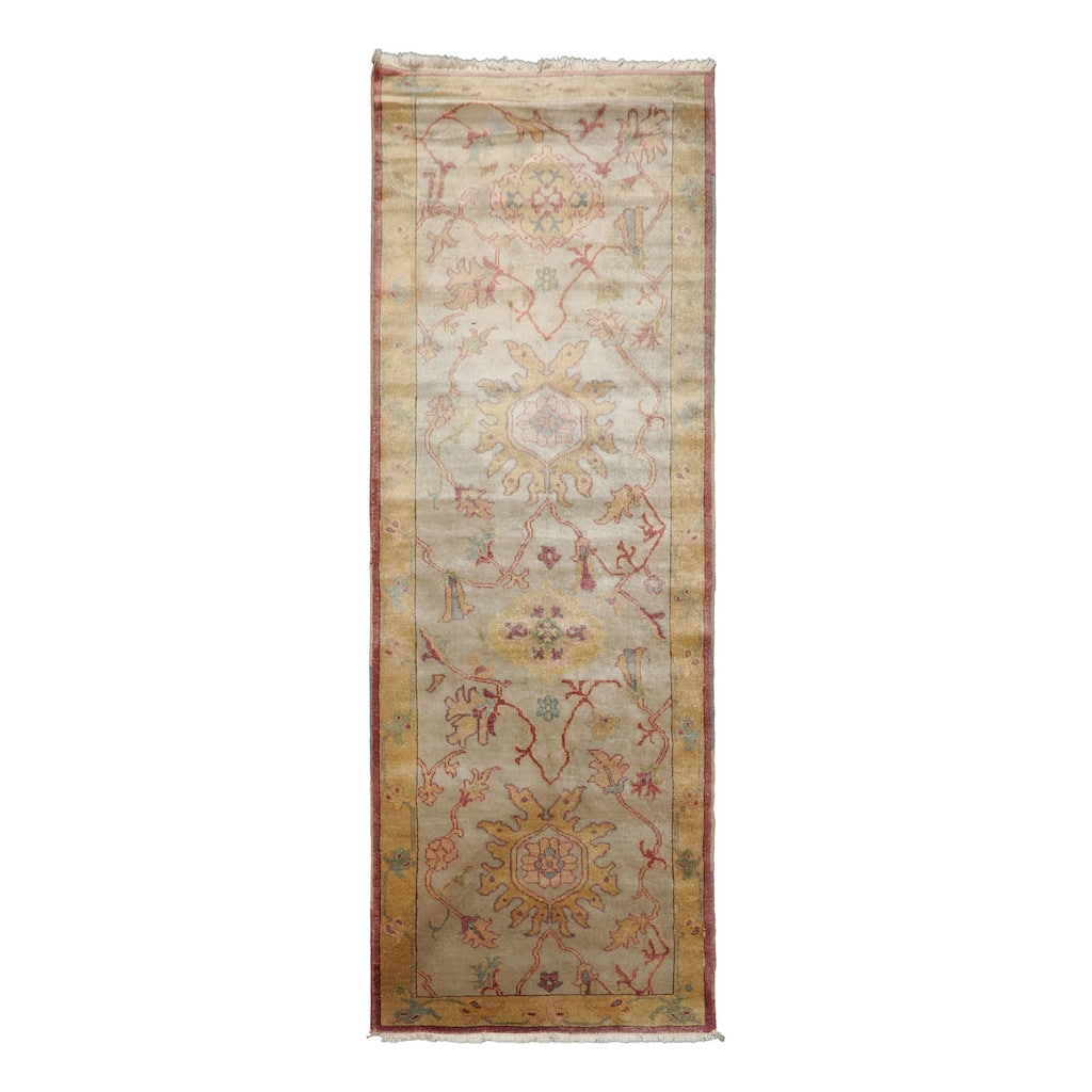 Antique Oushak Traditional Floral 2'10''x7'10'' Hand Knotted Wool Beige Rug - 2' 10'' x 7' 10''