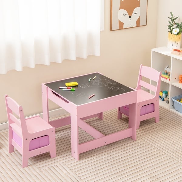 slide 2 of 10, Gymax 3 in 1 Kids Wood Table Chairs Set w/ Storage Box Blackboard Pink