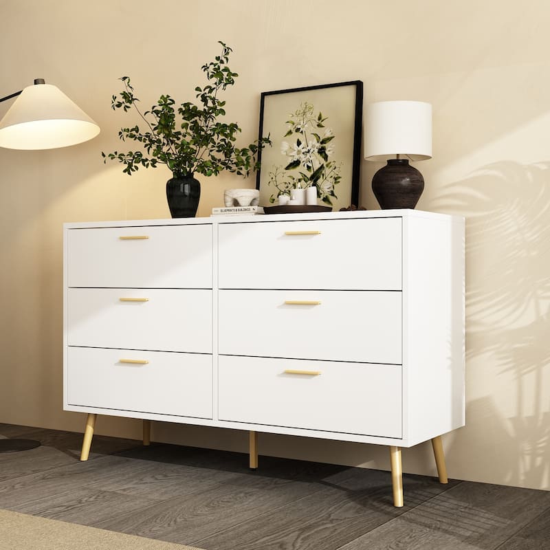 Modern 6-Drawer Dresser with Gold Legs and Handles, 47.2" Wide Mid-Century Bedroom Dresser Chest