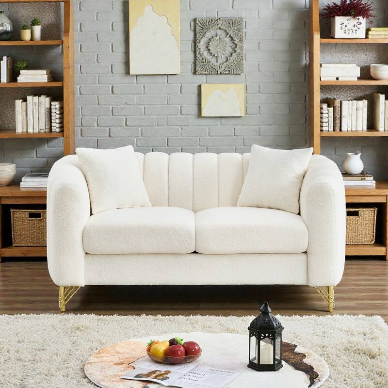 63" Chenille Loveseat Sofa, Modern Tufted 2-Seater Couch with Gold Metal Legs, Deep Plush Living Room Sofa for Apartments - Beige