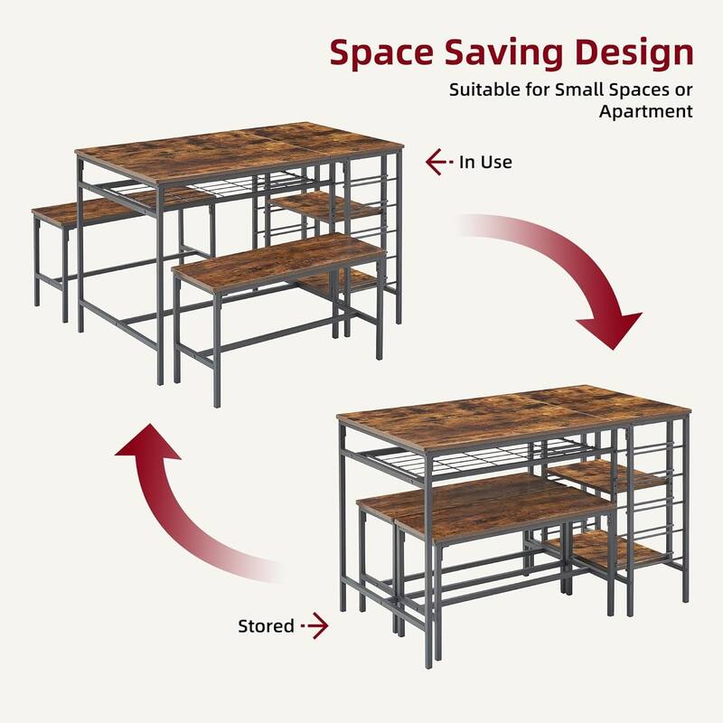 Dining Table Set with 2 Benches and Storage Shelf, Rectangular Table for Small Dining Area or Apartment