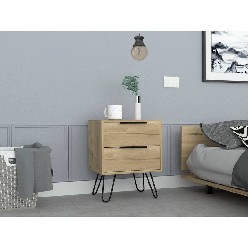 Modern Black Wengue Nightstand, 2 Drawers with Hairpin Legs, Compact and Stylish Design, 13.7"x17.71"x22.44"