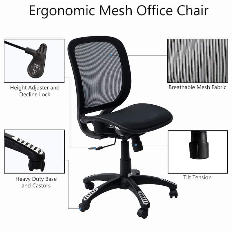 ErgoMax Fully Meshed Ergonomic Height Adjustable Black Office Chair no Armrests & no Headrest, 42 Inch Max Height