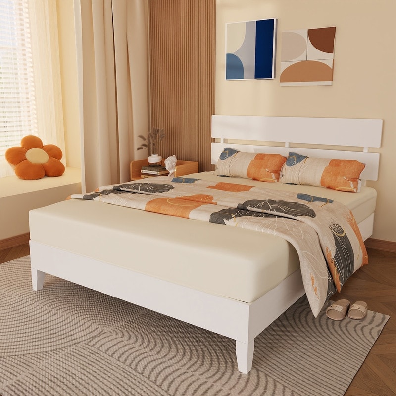 Modern Brown Solid Wood Platform Bed Frame with Headboard