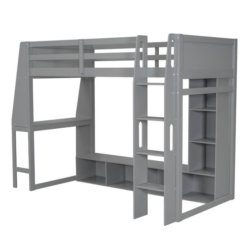Full/Twin Size Wood Gaming Loft Bed with Desk, LED Lights, Hanging Clothes Rack & Storage Shelves