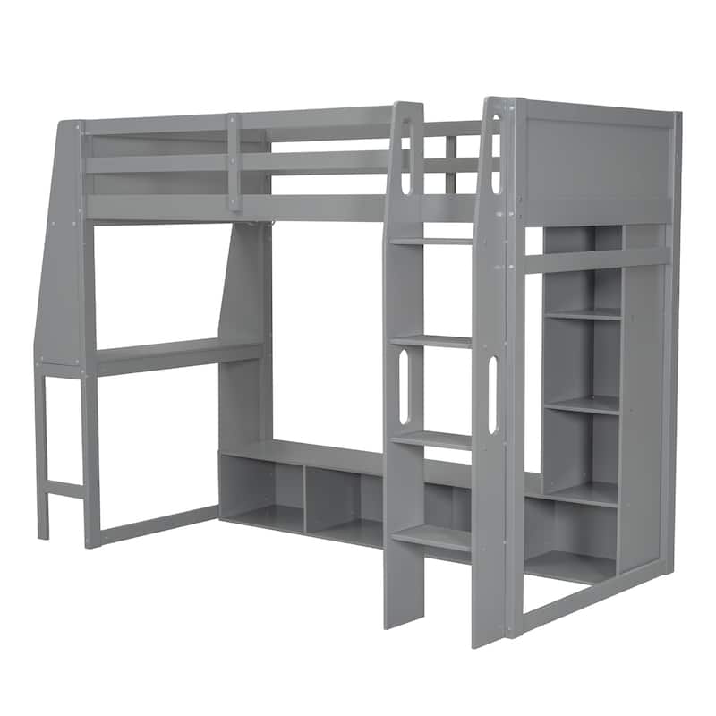 Wood Gaming Loft Bed with LED, Desk, Cabinets, Clothes Rack聽