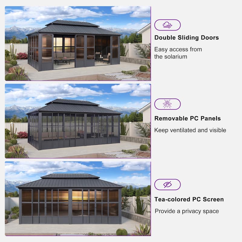 PURPLE LEAF Double Top Outdoor Sunroom Screen House Patio Hardtop Gazebo
