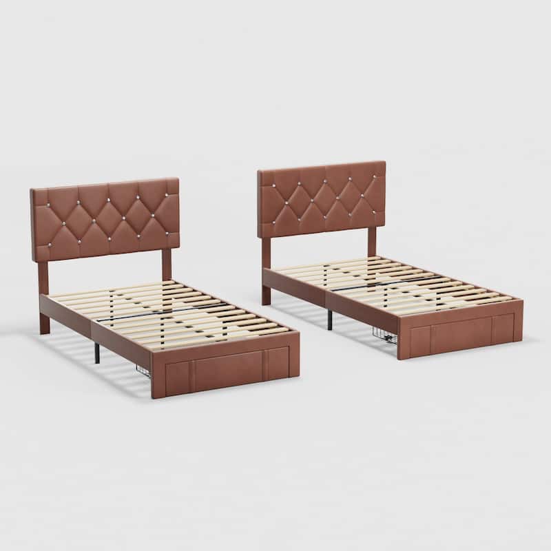 Javlergo 2-Piece Twin Bed Frame Set 39.4-45.3" Adjustable Height PU Leather Headboard with Diamond Embellishment Storage Drawer