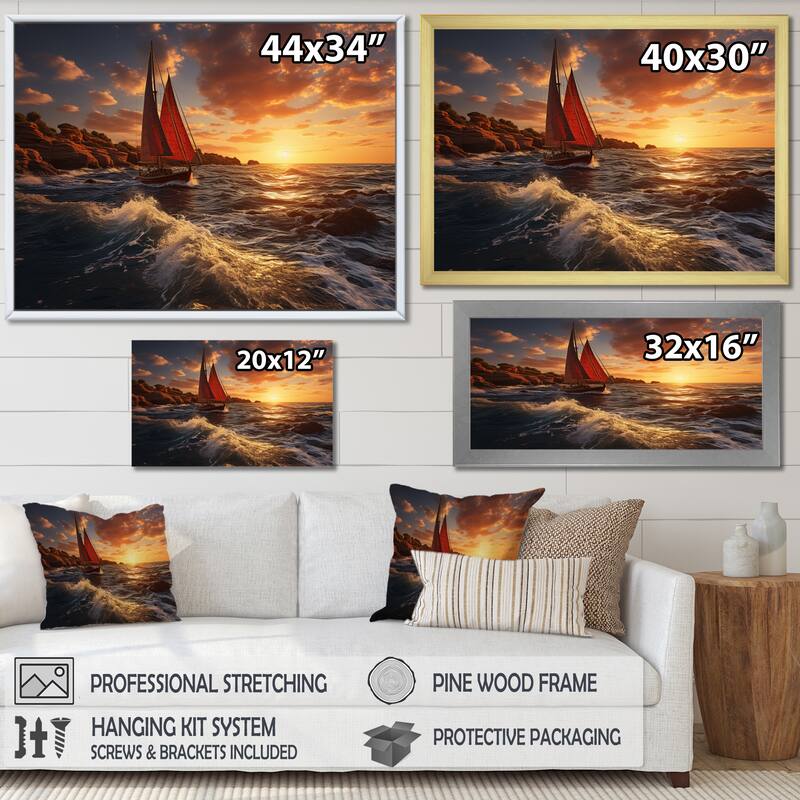 Designart "Spain Sunset Sail I" Nautical & Beach Framed Wall Art Prints