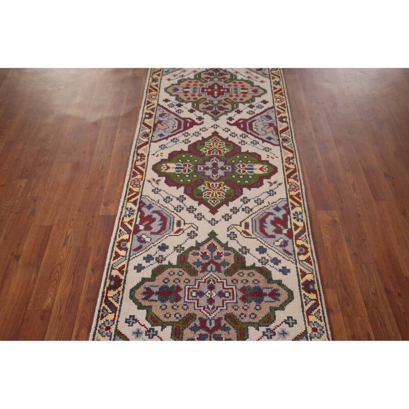 Geometric Kazak Runner Rug Hand-Knotted Beige Wool Carpet - 2'6"x 9'10"