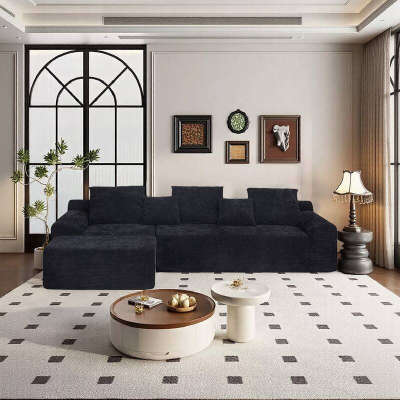 111.2" L-Shaped Sectional Sofa - Modular Velvet Couch with Adjustable Chenille Configurations - Black