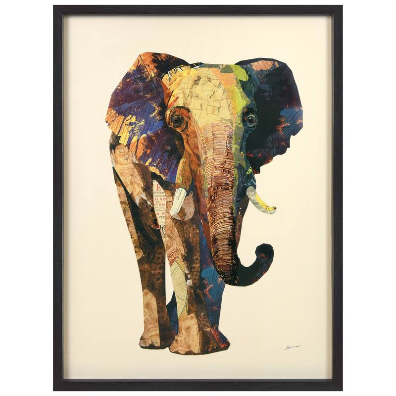 "Elephant" Hand-made Dimensional Wall Art Collage, under glass, encased on a black frame