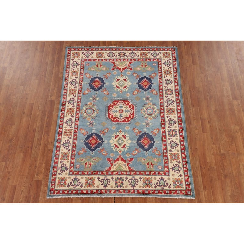 Traditional Kazak Oriental Area Rug Handmade Blue Wool Carpet - 4'11" x 6'9"
