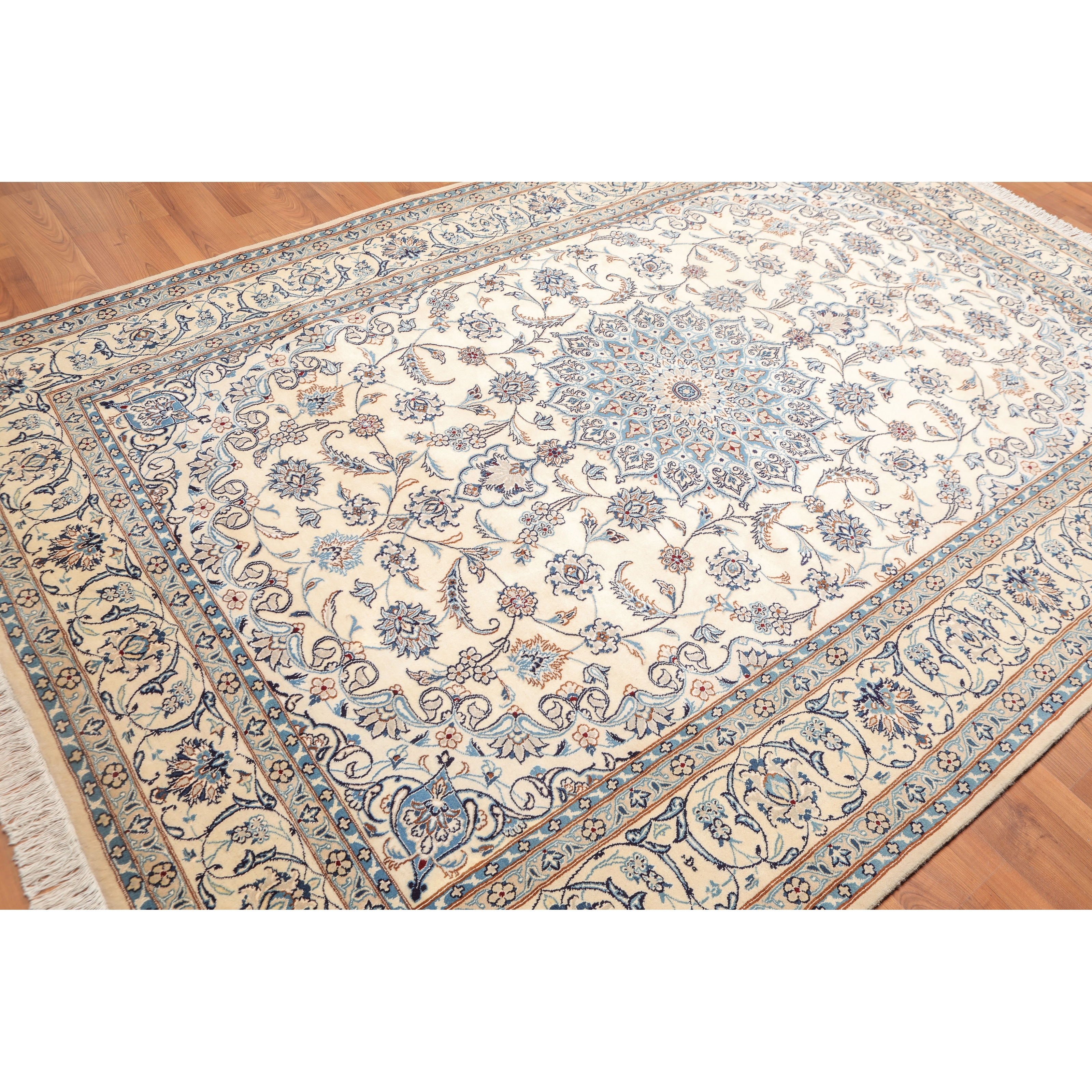 6 Feet by 9 Feet, Ivory Yilong 6'x9' Handmade Wool Silk Rug Traditional Nain Persian Hand Knotted Oriental Carpet WS1428