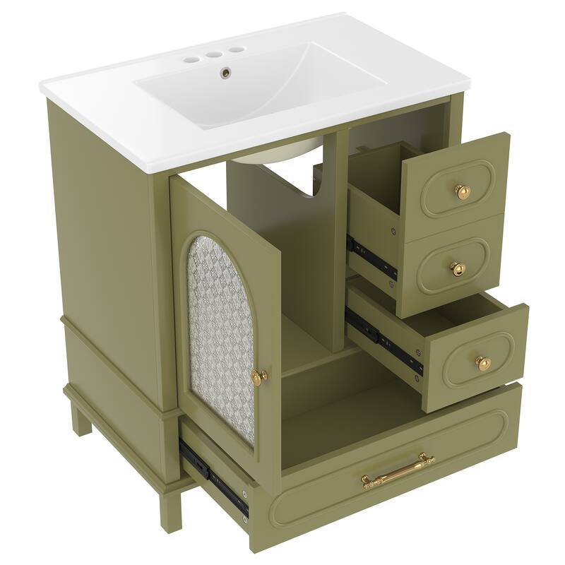 Roomfitters 30 Inch Bathroom Vanity with Sink, Solid Wood Cabinet with 3 Drawers and Semi-Transparent Door