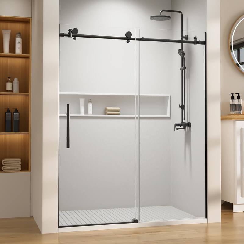 56"-60" W x 76" H Single Sliding Frameless Shower Door 8mm Thickened Upgrade Tempered Glass Stainless Steel Hardware - Matt Black