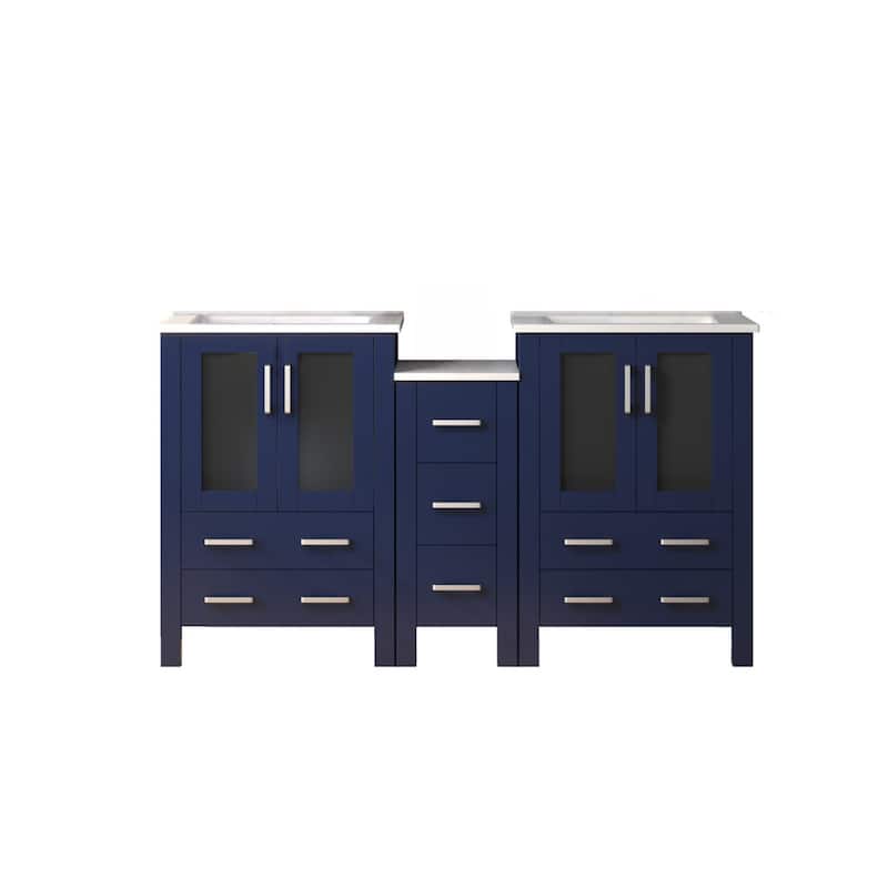 Volez Double Bath Vanity with Side Cabinet and White Ceramic Top - 60 - Navy Blue