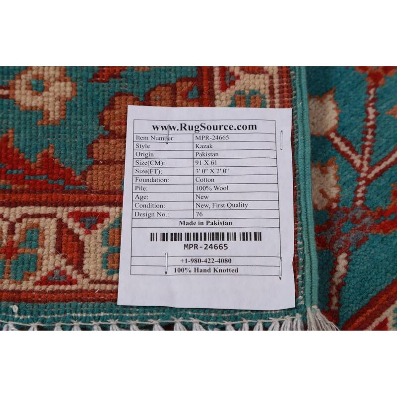Traditional Kazak Oriental Foyer Rug Hand-Knotted Blue Wool Carpet - 2'0"x 3'0"