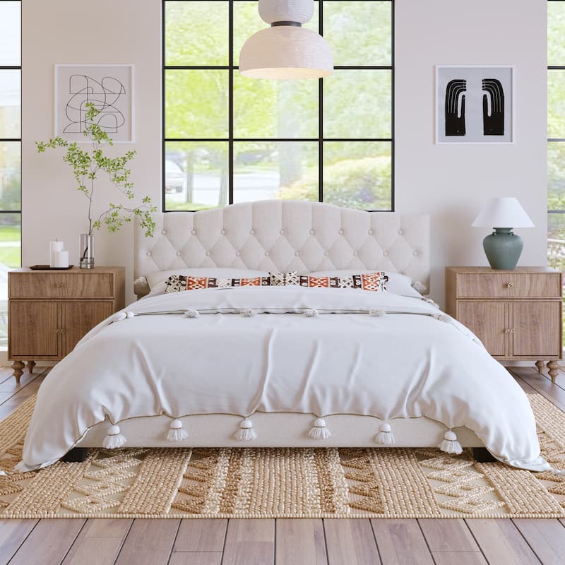 Upholstered Platform Bed with Saddle Curved Adjustable Headboard and Diamond Tufted Details, Wooden Slats, King - Beige