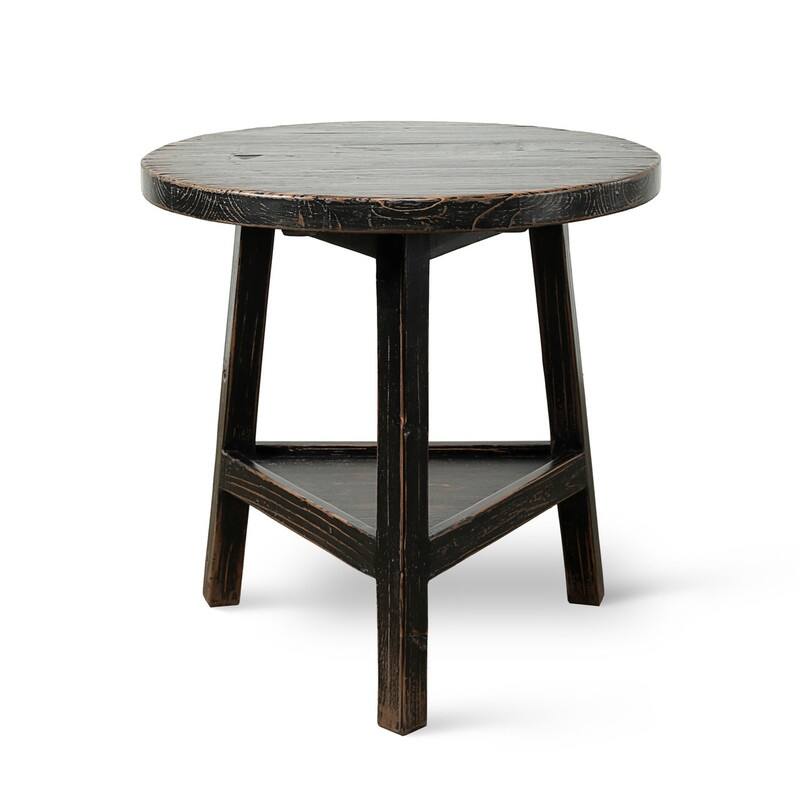 25 Inches Round Side Table with Shelf Distressed Black - Black