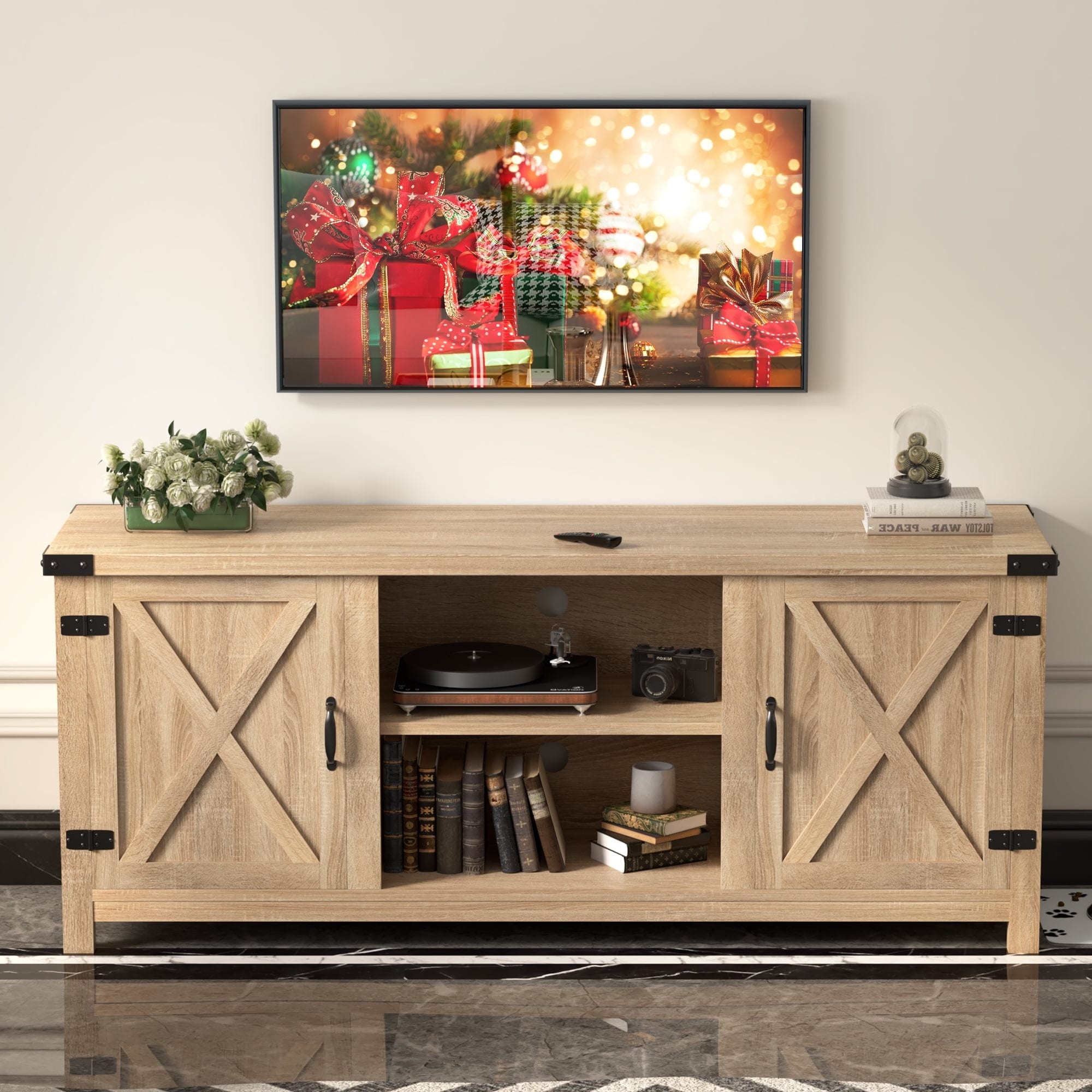 58-inch Rustic Farmhouse TV Stand with Adjustable Shelves for TVs up to 65-inch
