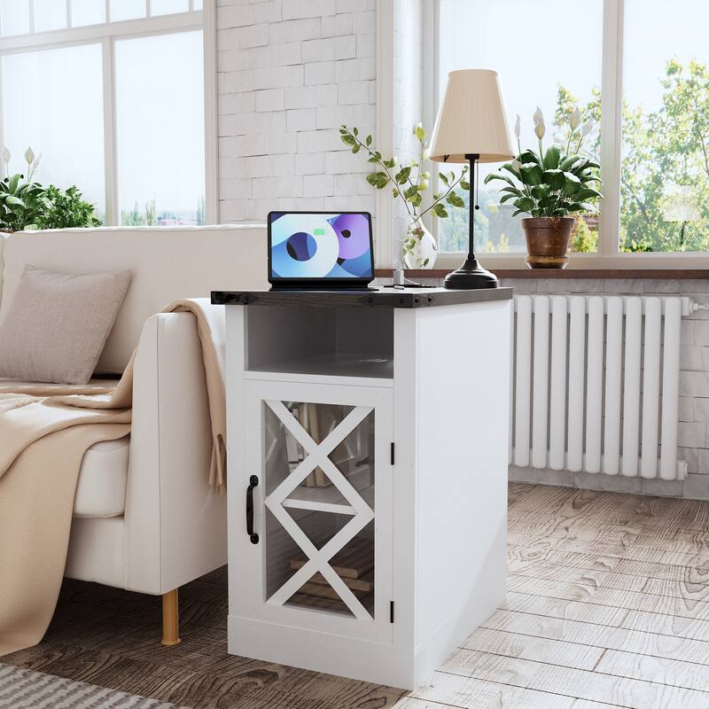 Farmhouse End Table with Charging Station, Rustic Nightstand with Barn Door & Adjustable Shelf, with 3-Tier Storage
