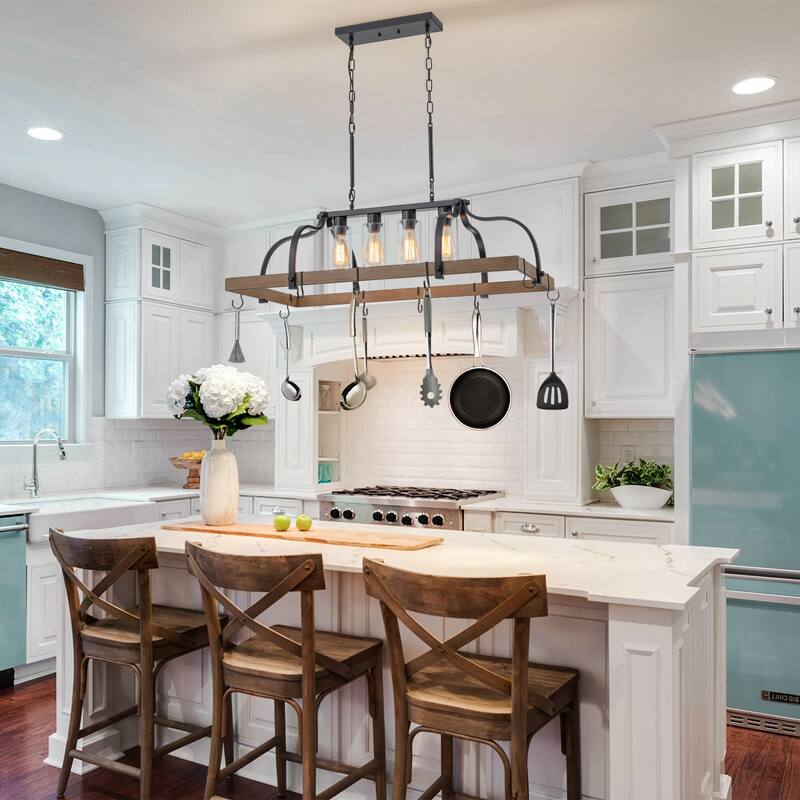 Modern Rustic 4-Light Rectangular Glass Chandelier with Hooks - Ideal for Kitchen Island Lighting and Pot Rack Organizer