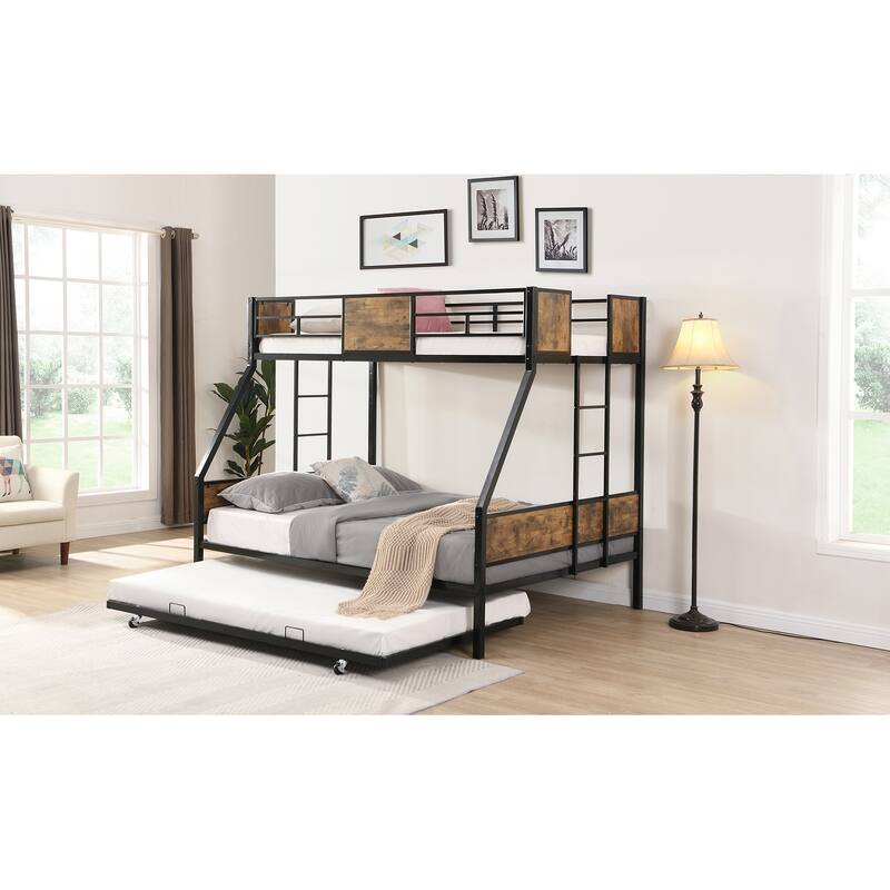 Full Over Full Bunk Bed with Trundle, Heavy Duty Metal Bed Frame with Full-Length Guardrails and 2 Ladder, No Box Spring Needed