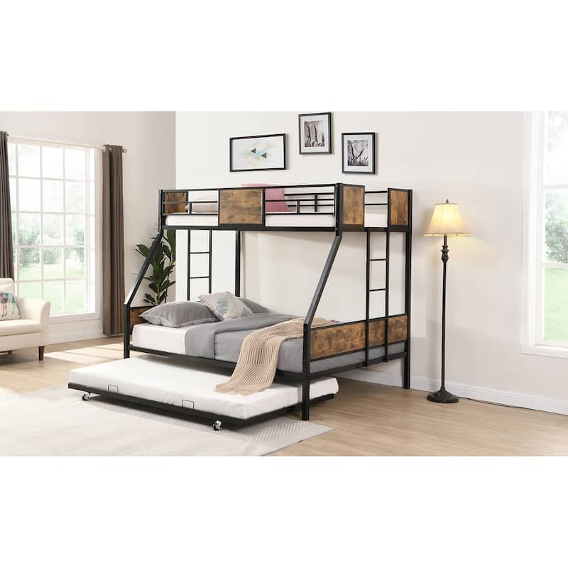 Metal Bunk Bed with Trundle, Side Ladder & Guardrail, No Box Spring Needed, Under-Bed Storage, Easy Assembly, Black & Brown