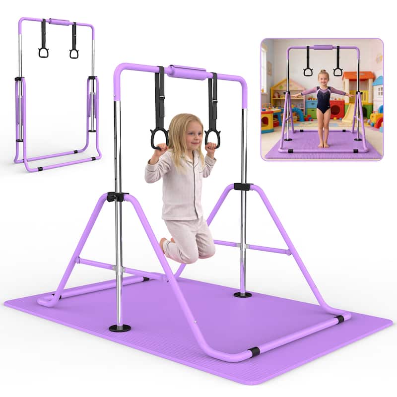 Gymnastics Bar for Kids, Gymnastics Horizontal Bar with Adjustable Height Foldable Training Bar with Mat for Home Practice