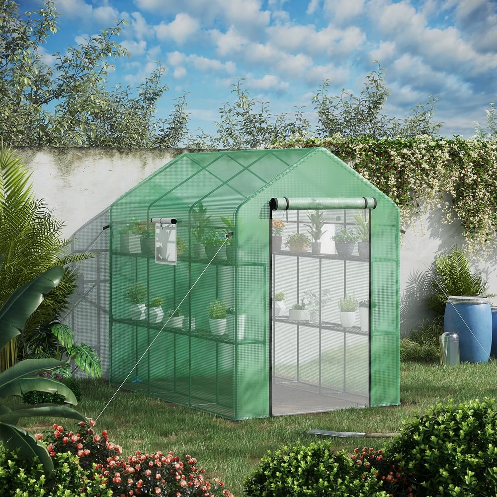 Outsunny 7' x 5' x 6' 2-Tier Shelf Greenhouse with Door, Windows, PE Cover, Steel Frame