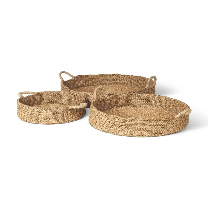 Ulana Brown Seagrass Round Nesting Trays With Handles (Set of 3) - 26.4L x 26.4W x 3.9H - 26.4L x 26.4W x 3.9H - Tan