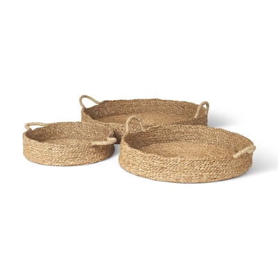 Ulana Brown Seagrass Round Nesting Trays With Handles (Set of 3) - 26.4L x 26.4W x 3.9H