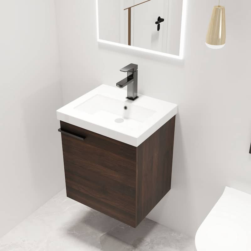 Malwee 18" Floating Bathroom Vanity, Mini Wall Mounted Bathroom Vanity with Ceramic Sink and Soft Close Door -  Dark Brown
