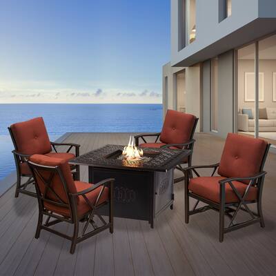 Aluminum 42-in Square Antique Copper Fire Table Set with Four Deep Seating Rocking Chairs with Accessories