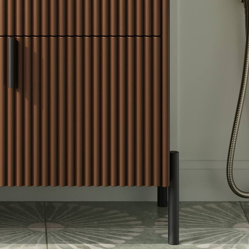 Bathroom Vanity with Ceramic Sink, Freestanding Bathroom Storage Cabinet, Fluted Bathroom Vanity with 2 Full-Extension Drawers