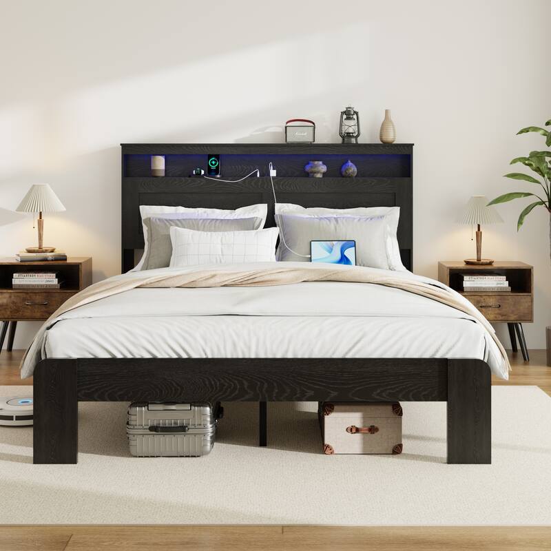 Bed Frame Queen Size, Wood Platform Bed Frame with Storage LED Light Headboard and 2 USB, Noise Free, Large Under Bed Storage