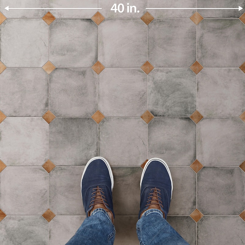 Merola Tile Laverton Octagon Gris with Taco Natural 7-7/8" x 7-7/8" Porcelain Floor and Wall Tile
