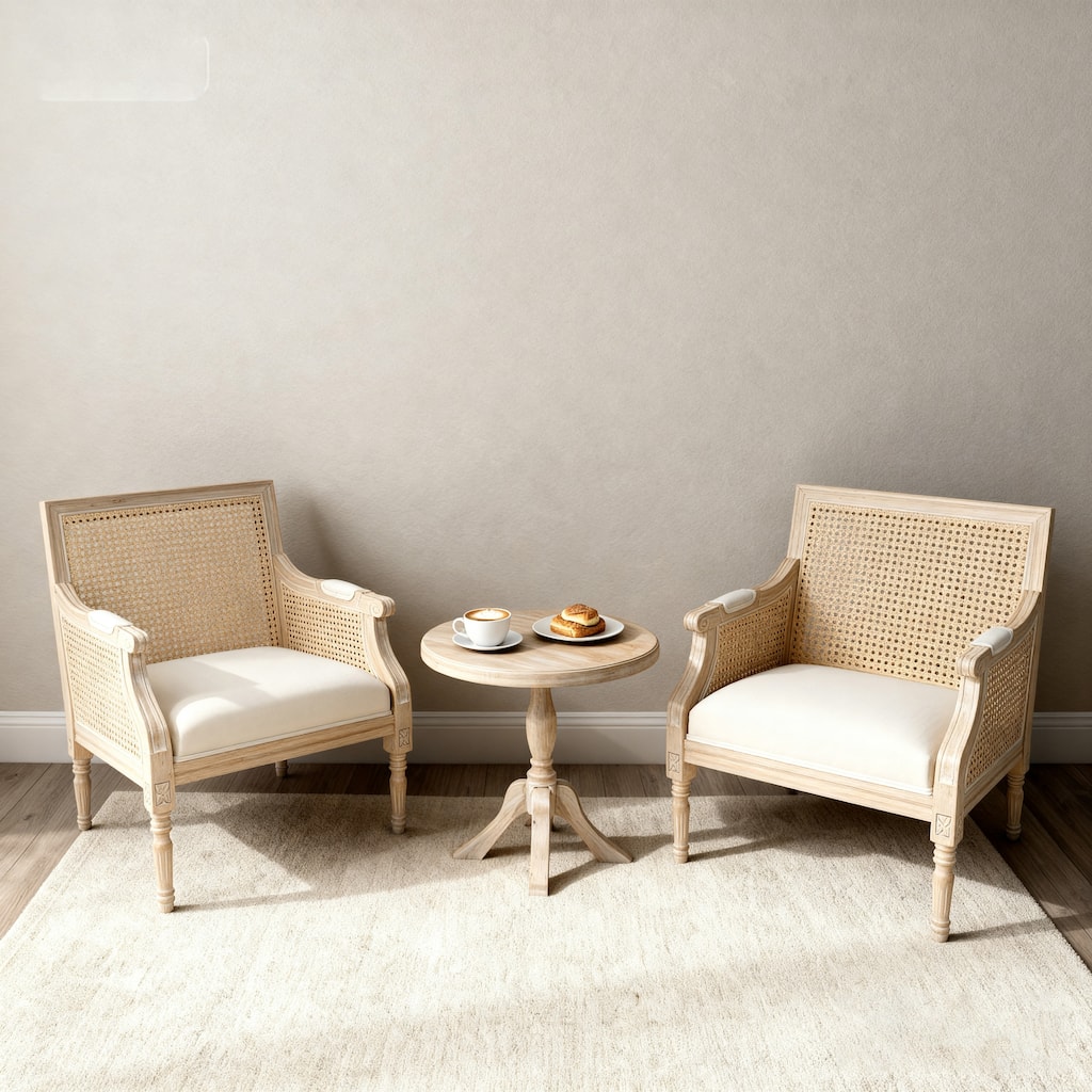French Accent Chair, Armchair with Upholstered, Reading Chair with Vintage Rattan Hollow Out, for Living Rooms, Singel