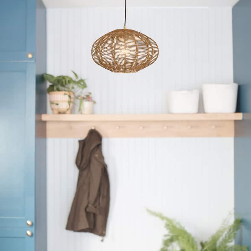 Jacqueline River of Goods Brown Woven Rattan Shade Globe Pendant Light - 13.5" x 13.5" x 10.5/58.5"
