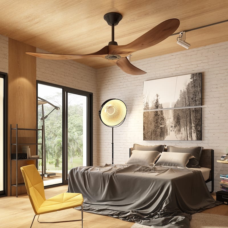 60" Walnut 3-Blades Wood Ceiling Fan with Remote Control - N/A - Walnut