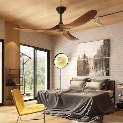 60" Walnut 3-Blades Wood Ceiling Fan with Remote Control - N/A