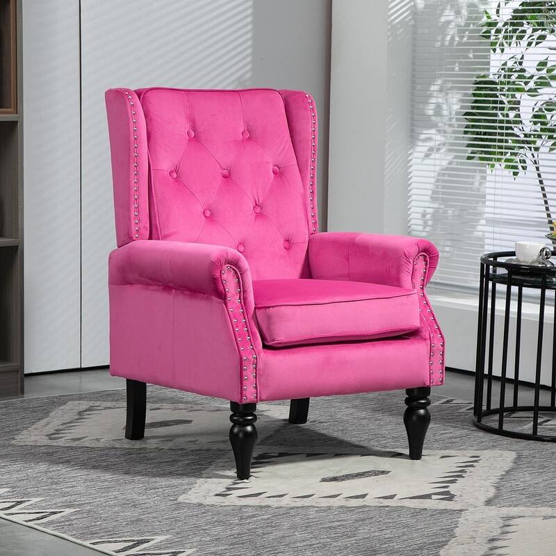 Transitional Wingback Accent Chair Armchair with Sturdy Wood Legs - Velvet - Red