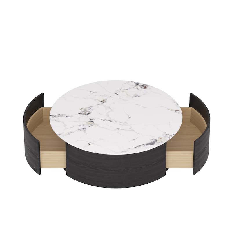 Modern Round Coffee Table with 2 Drawers, Sintered Stone Tabletop and Golden Base